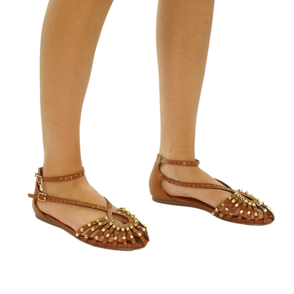 Sandali flat color cuoio Brenda